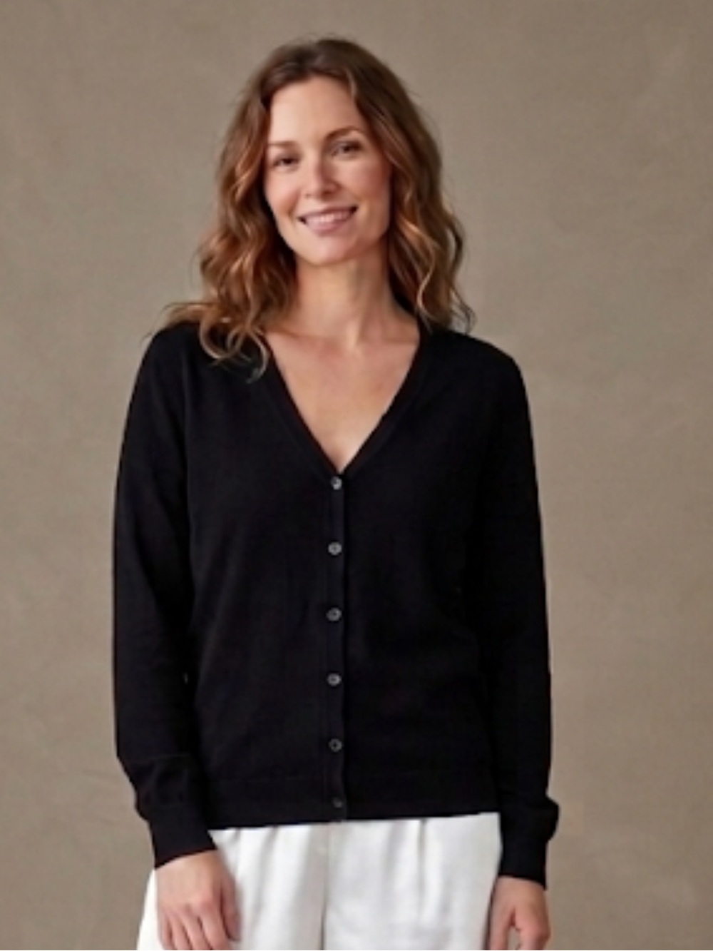 Longchamp Black Silk Wool Lightweight V-Neck Button-Up Cardigan large